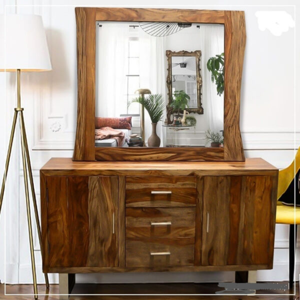 Modern Chrome Solid Wood Brown Dresser With 3 Drawers and 2 Doors and Mirror