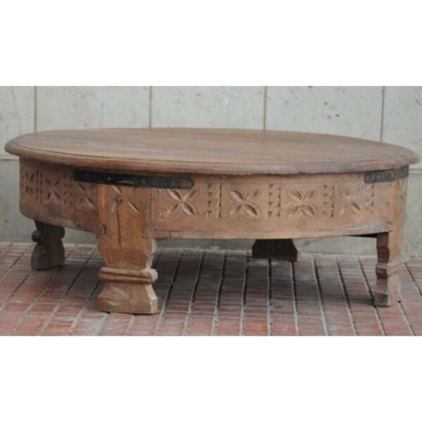 Indian Inspired Antiques Solid Wood Tribal Grinder Round Coffee Table Flat Top Natural
