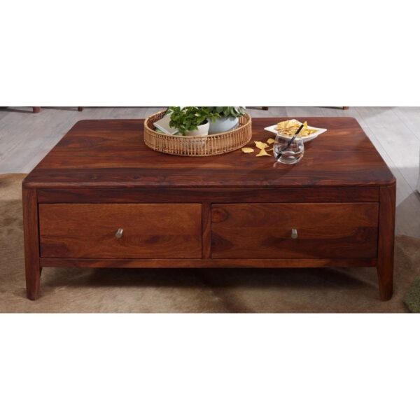Classic Evergreen Teak Wood Brown Coffee Table With 2 Drawers