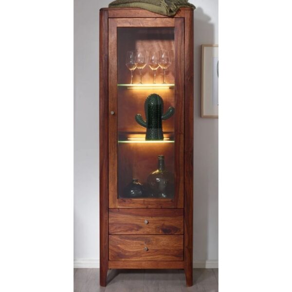 Classic Evergreen Teak Wood Brown Cabinet with Glass Door and 2 Drawers