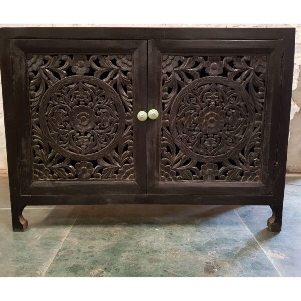 Hand Carved Darbar Indian Wooden Small Sideboard With Doors
