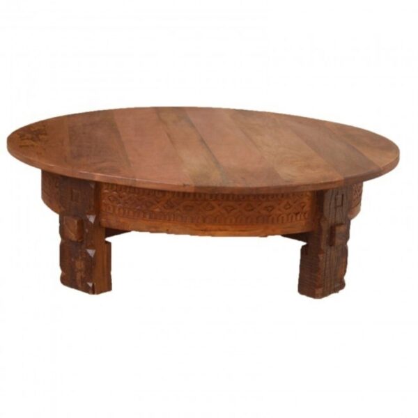 Indian Inspired Antiques Solid Wood Tribal Grinder Round Coffee Table Flat Top Honey