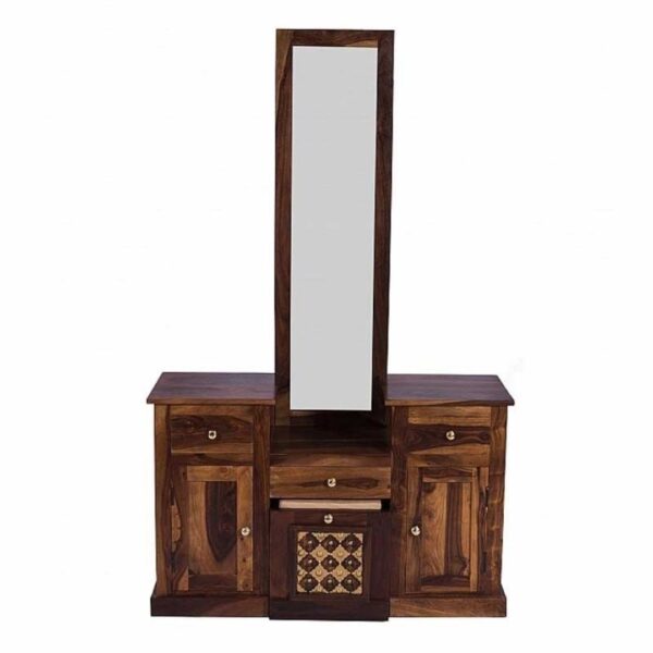 Overlay & Inset Brass Work Solid Wood Brown Dresser With Stool (2)