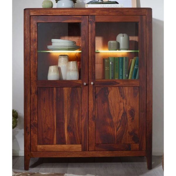 Classic Evergreen Teak Wood Brown Cabinet With 2 Glass Doors and 4 Shelf