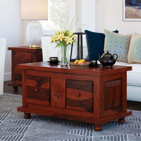 Modern Bonnat Solid Wood Brown Coffee Table With 2 Drawers