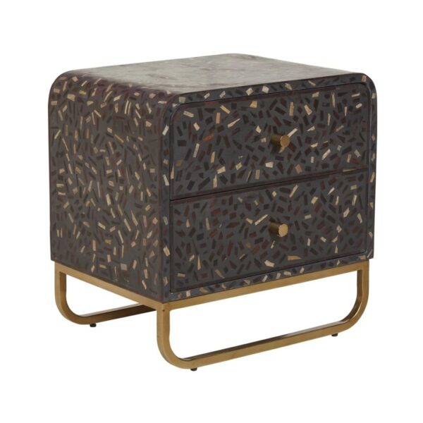 Bone Inlay Lattice Black Bedside Table With 2 Drawers With Curved Legs