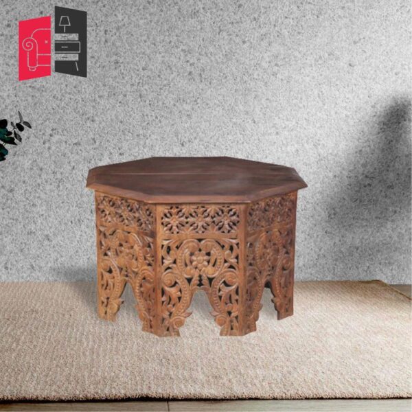 Hand Carved Solid Wood Brown Afaf Carved Octagonal Coffee Table