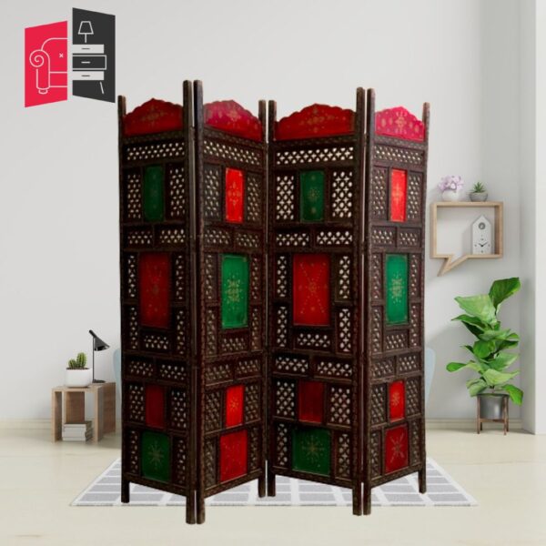 Hand Carved Solid Wood Floral Nawra Carved 4 Panel Room Divider